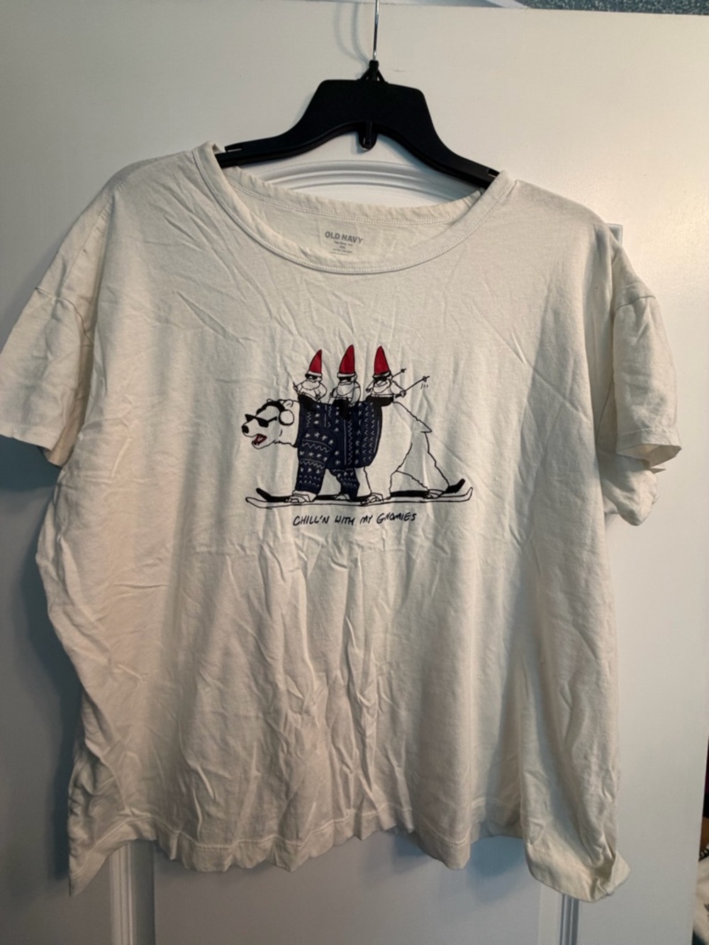 Old Navy White Graphic Tee with Red and Navy Gnome Design